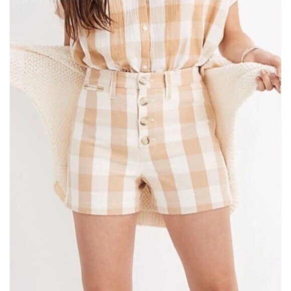 Madewell Pants - Madewell Gingham Plaid Button Shorts 25 Tan Cream Cottagecore French Girl Coasta